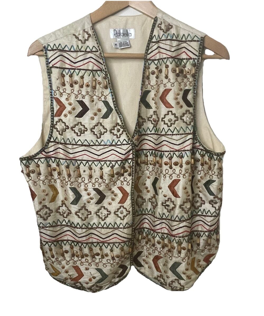 VTG 80s Rafaella HIPPIE Boho VEST Wood Shell Beads Tribal Western MED Festival